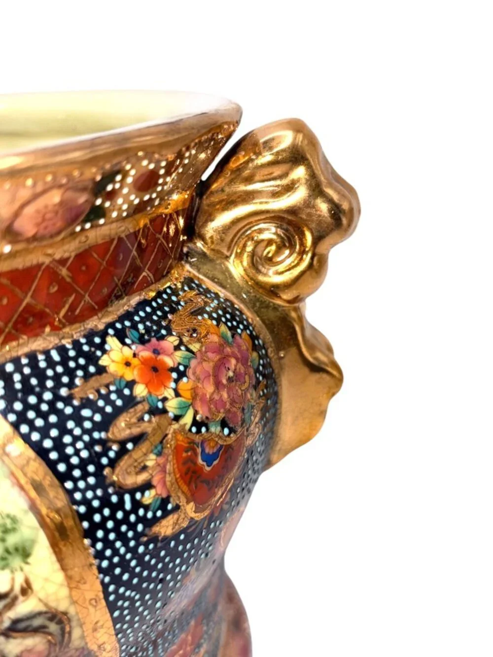Vintage Royal Satsuma Moriage Cachepot Planter Jardiniere Lion Handles